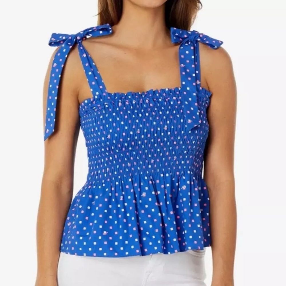 Lilly Pulitzer Rivera Smocked Peplum Tank Top in Borealis Blue Cape Cod Size XS